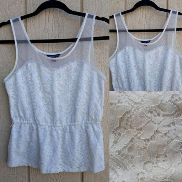AEO Top Illusion Boho Romantic‎ Sweetheart Lace Neckline Sleeveless Cream Sz XS - Picture 2 of 12